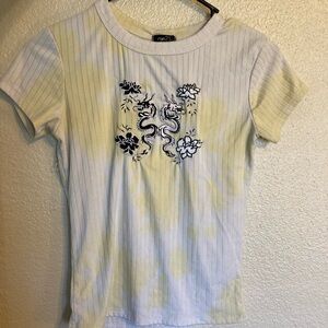 Rue 21 yellow and white tye dye dragon skintight spandex shirt